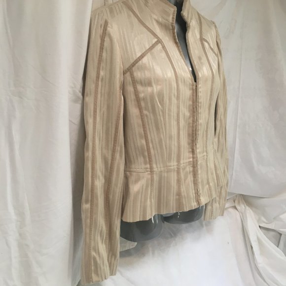 Le Chateau Jacket Fitted Suit Blazer Women's Size Med Beige Stripe Hook & Eye - Picture 6 of 14